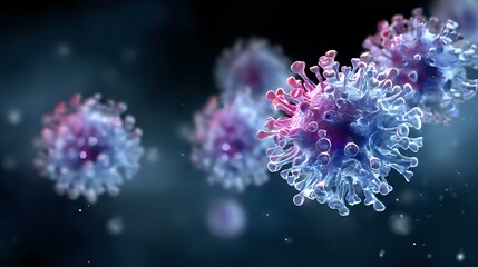 Poster - Microscopic view of virus cell structure in pink and blue colors on dark background with bokeh effect, scientific medical visualization for healthcare concepts.