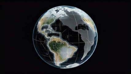Poster - Animated Earth globe in pixelated style showcasing continents and oceans on a black background depicting the digital world and global connectivity