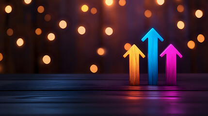 Poster - Glowing colorful arrows pointing upward against dark background with bokeh lights, symbolizing growth, success and progress in business visualization.