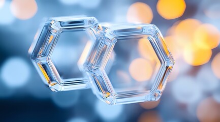 Poster - Transparent hexagonal glass shapes with bokeh light effect in blue and orange tones, macro photography on blurred background. Modern minimalist composition.