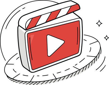 A stylized illustrated representation of a clapperboard icon featuring a play button signifying video content production.