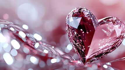 Poster - Crystal heart shape with pink and red tones against blurred bokeh background creates romantic atmosphere for Valentine's Day cards and love-themed designs.