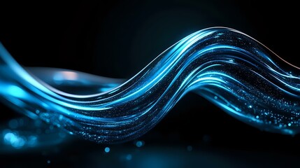 Aufkleber - Glowing blue wave lines with sparkles and particles flowing on black background, abstract digital technology concept for presentations and backgrounds.