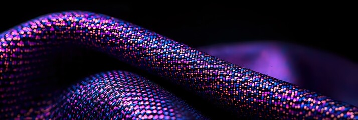 Poster - Futuristic metallic fabric with purple and blue iridescent texture on black background creates abstract wave pattern for technology concepts.