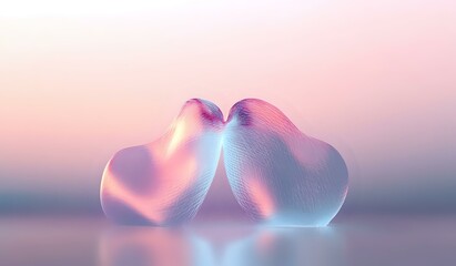 Poster - Glowing translucent hearts with soft pink and blue gradient illumination against dreamy pastel sunset background, romantic mood lighting creates ethereal atmosphere.