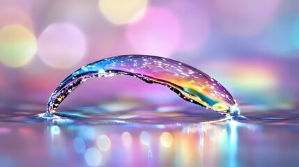 Poster - Magical water drop arch with rainbow reflections and colorful bokeh lights creating dreamy atmosphere on blurred background. Macro photography of liquid dynamics.