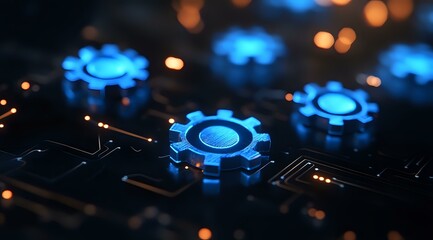 Poster - Glowing blue gears on dark circuit board background with bokeh lights create futuristic technological composition representing automation and digital transformation.