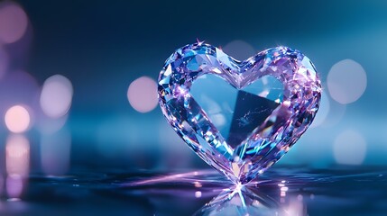Poster - Crystal heart shape glowing with pink and blue reflections on dark surface with bokeh lights background, romantic Valentine concept for greeting cards.