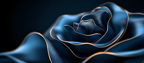 Poster - Elegant metallic blue rose with golden edges glowing against dark background, abstract floral art design with smooth flowing curves and luxurious sheen.