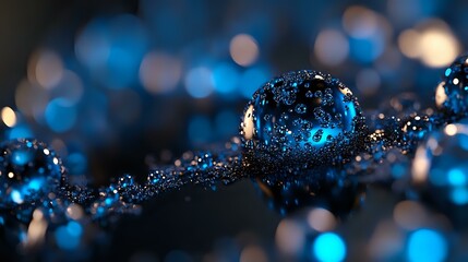 Poster - Water drops with blue bokeh lights on dark background create magical atmosphere for nature and abstract photography, macro close up with selective focus.