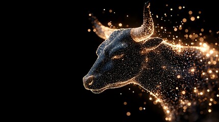 Poster - Mystical black bull head with glowing golden particles and sparkles against dark background, side view profile creating magical fantasy effect.