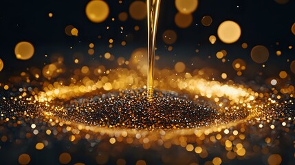Poster - Glowing golden liquid stream creates magical splash with sparkling particles and bokeh effect against dark background, luxury cosmetic concept.