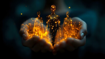 Poster - Magical glowing silhouettes of golden light particles emerge from cupped hands against dark background, creating mystical spiritual energy visualization effect.