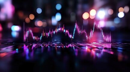 Poster - Financial market graph with neon pink and blue reflection on dark background, showing trading chart analysis with glowing bokeh lights and blur effect.