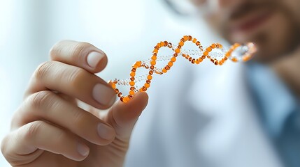 Poster - Male scientist in lab coat holding glowing orange DNA helix structure model against blurred background, demonstrating genetic research and biotechnology advancement.
