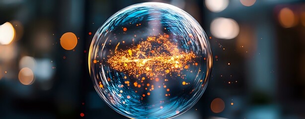Poster - Glowing energy cross radiates within transparent soap bubble against dark bokeh background, creating magical spiritual atmosphere with orange light particles.