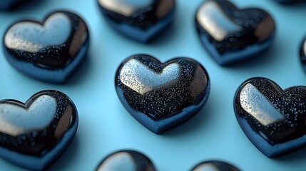 Poster - Shiny black heart shapes with metallic glitter effect arranged on blue background, creating romantic pattern for Valentine's day designs and love concepts.