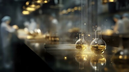 Poster - Scientific laboratory glassware containing golden liquid with magical glowing particles, blurred researchers working in background, dramatic lighting creates mystical atmosphere.