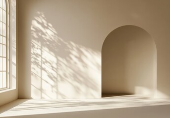 Fototapete - Minimalistic a light beige background for product presentation with light and intricate shadow from the window and wall.