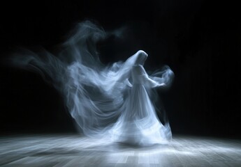 Fototapete - Mystical mist. Swirling smoke in dark and light symphony. Fluid fantasia. Abstract dance of fog and light on floor with black background