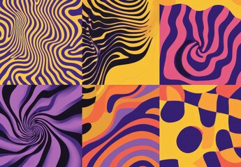 Poster - Set of groovy hippie 70s backgrounds. Y2k aesthetic waves, swirl, mesh, spiral ray, chess. Trendy vector texture in retro psychedelic style.