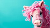 Fluffy pink pony, bright eyes, aqua backdrop, whimsical pose,  background, pink pony