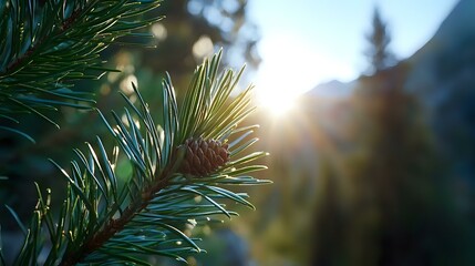 Poster - Pine branch with cone against sunlit mountain landscape at sunrise, soft bokeh light effects create dreamy atmospheric mood, close-up nature photography.