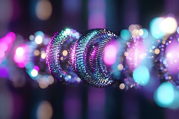 Poster - Glowing spiral DNA molecule structure with purple and blue bokeh lights on dark background, scientific concept for genetic research and biotechnology.