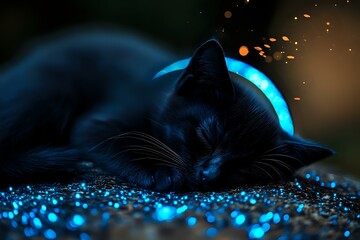 Poster - Sleeping black cat surrounded by magical blue glowing sparkles and particles on dark background, creating mystical and enchanting atmosphere.