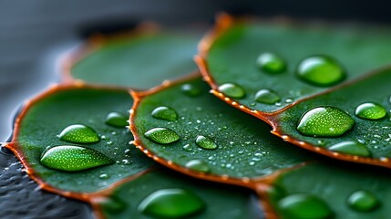 Poster - Fresh water droplets on green leaf surface with orange edges, macro photography showing nature details in dark moody atmosphere. Suitable for wellness and spa designs.