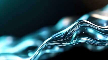 Poster - Flowing liquid abstract in turquoise and dark blue colors with dynamic wave motion effect, droplets and splashes creating modern artistic background pattern.