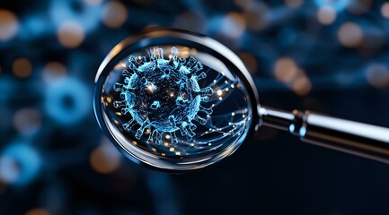 Poster - Magnifying glass revealing detailed blue virus cell structure against dark background with bokeh effect, scientific research concept in modern laboratory setting.