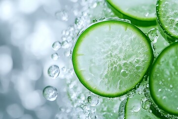 Poster - Fresh cucumber slices with water drops and bubbles on light background, macro shot showing crisp texture and natural freshness for healthy eating concept.