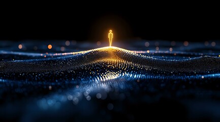 Poster - Glowing golden figure stands atop shimmering digital wave pattern against dark background with bokeh lights, representing technology and human connection.