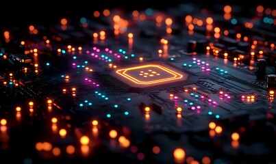 Poster - Glowing microprocessor on circuit board with orange and blue lights creating futuristic technology atmosphere. Modern computing concept with bokeh effect.