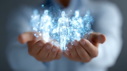 Poster - Glowing blue holographic human figure floating above open palms against dark background, representing future technology, artificial intelligence and digital innovation.