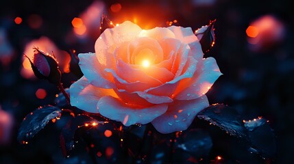 Poster - Glowing pink rose with water drops in mystical night garden setting, illuminated by warm light with bokeh effect and magical sparkles against dark background.
