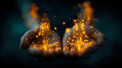 Poster - Glowing golden silhouettes emerge from cupped hands against dark background, magical energy particles and light effects create mystical spiritual atmosphere.