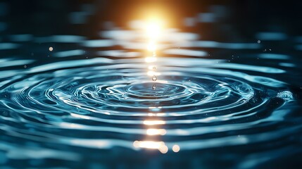 Poster - Mesmerizing water ripples with golden sunlight reflection creating concentric circles on dark blue surface. Tranquil nature background for meditation and wellness.