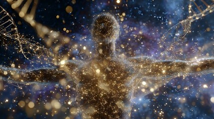 Poster - Silhouette of person with outstretched arms surrounded by glowing particles, DNA strands, and cosmic elements against starry universe background representing spiritual awakening.