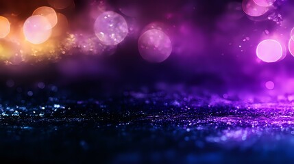 Poster - Magical purple and orange bokeh lights on dark glittery surface create dreamy abstract background with shallow depth of field and sparkling particles.
