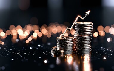 Poster - Growing stacks of silver coins with upward arrow showing financial growth and investment success against blurred bokeh lights background.