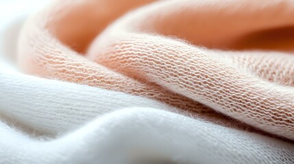 Poster - Soft cotton fabric texture in gentle peach and white colors with delicate folds creating smooth waves and shadows, macro photography for fashion and textile design.