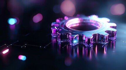 Poster - Glowing mechanical gear with neon pink and purple lighting effects on dark reflective surface against blurred bokeh background creates futuristic industrial atmosphere.