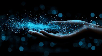 Aufkleber - Glowing blue particles floating above an outstretched hand against dark background create magical ethereal effect, symbolizing innovation and digital transformation.