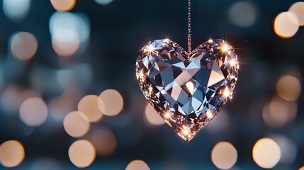 Poster - Crystal heart ornament with warm fairy lights glowing against dark bokeh background, creating romantic festive atmosphere. Decorative piece catches and reflects light.