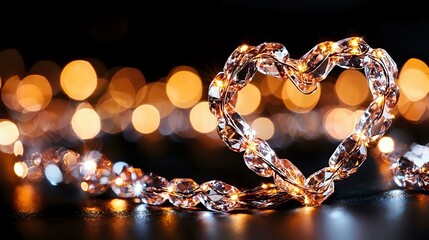 Poster - Glowing heart shape created with fairy lights against dark background with golden bokeh lights, romantic holiday decoration for Valentine's Day or wedding.