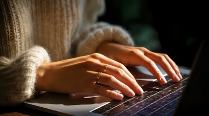 Poster - Female hands typing on laptop keyboard wearing cozy beige sweater and gold ring, soft natural lighting creates warm atmosphere for remote work and productivity.