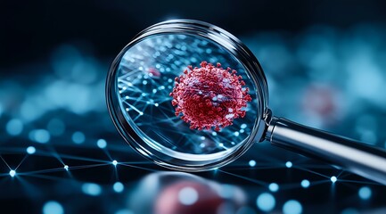 Poster - Magnifying glass focusing on red virus cell against blue molecular background, scientific research concept for medical and healthcare presentations.