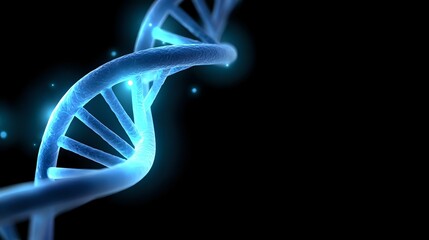 Poster - Glowing blue DNA strand helix structure on black background with bright light effects and particles, representing genetic research and biotechnology advancement.